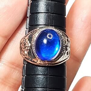 Silver Tone Flower Ring Sz 6.5 Unsigned Blue Cabochon